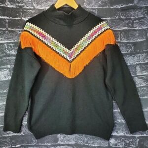 Sateen Sweater Womens XL Black Southwestern Retro 70s Fringe Folk Festival Boho